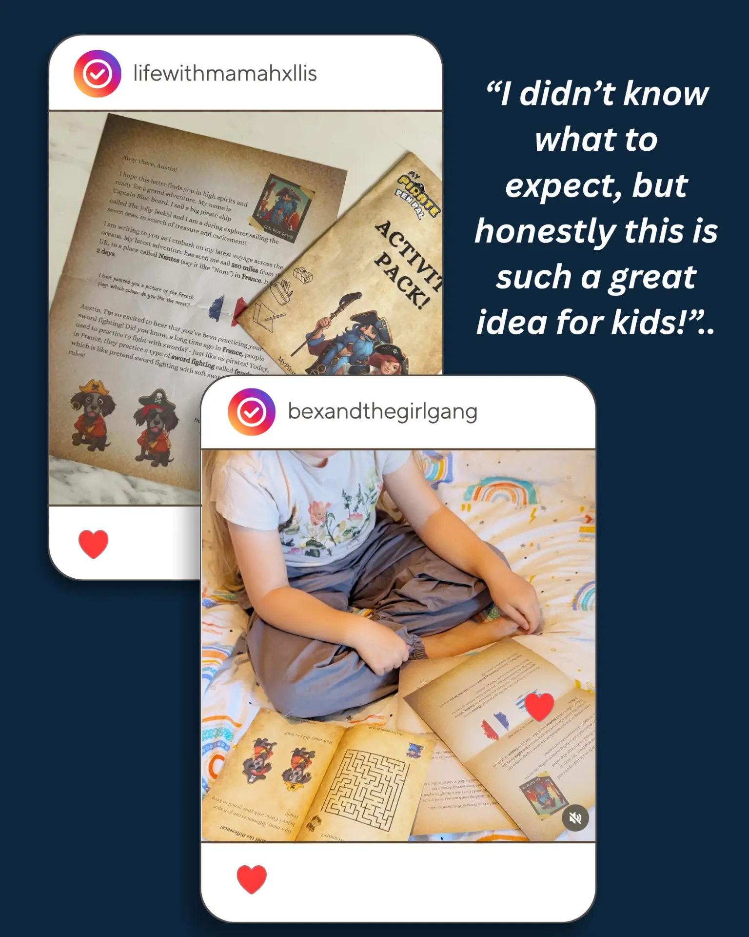 Instagram posts showing a pirate letter and activity pack, with a parent quote
