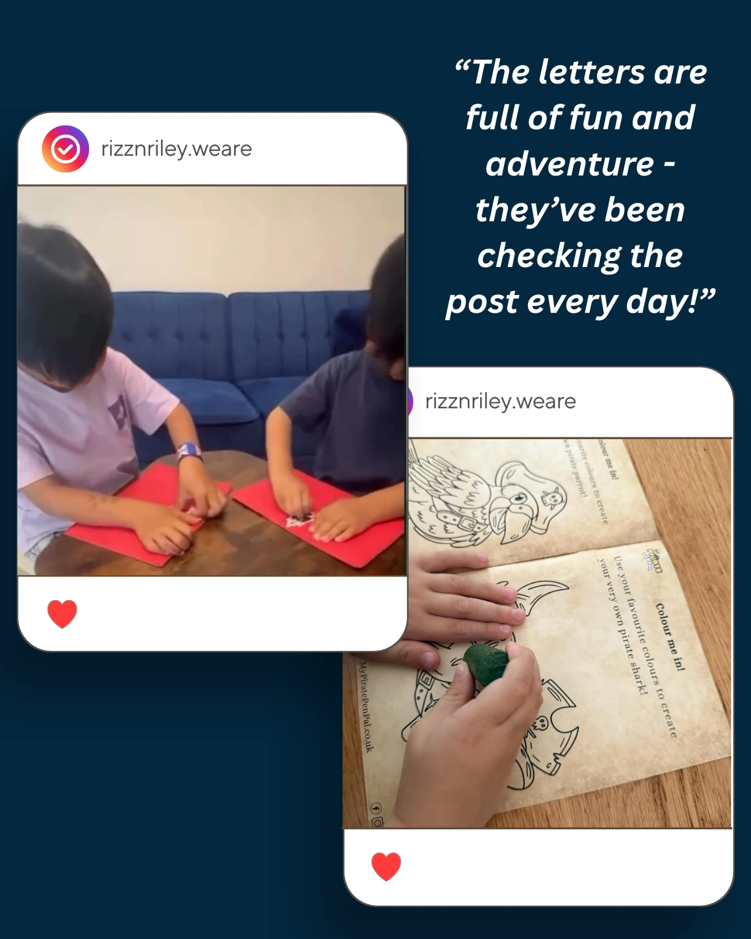 Instagram posts of children opening their red pirate letters and colouring in the activity sheets