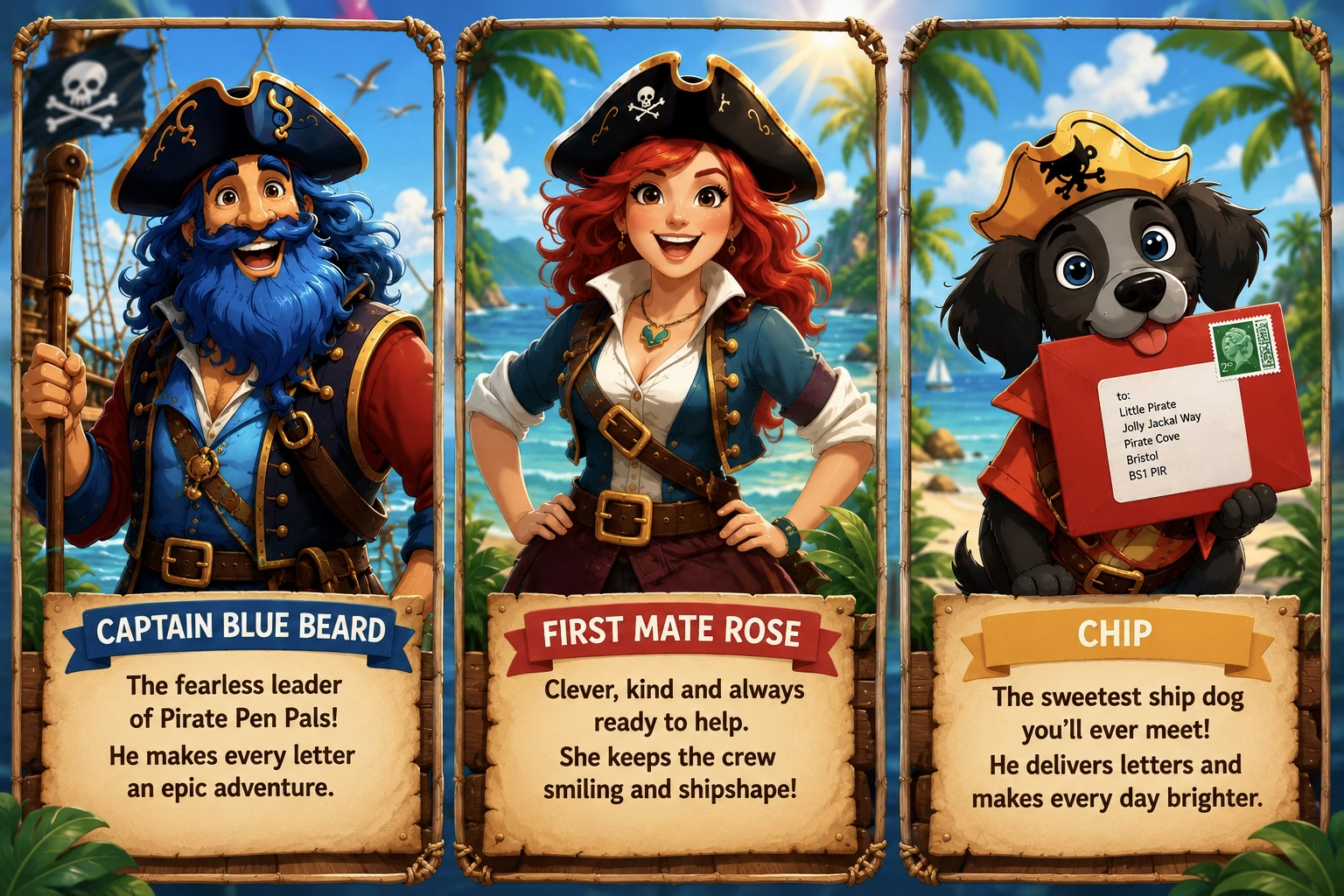 Captain Blue Beard, First Mate Rose and Chip the ship's dog