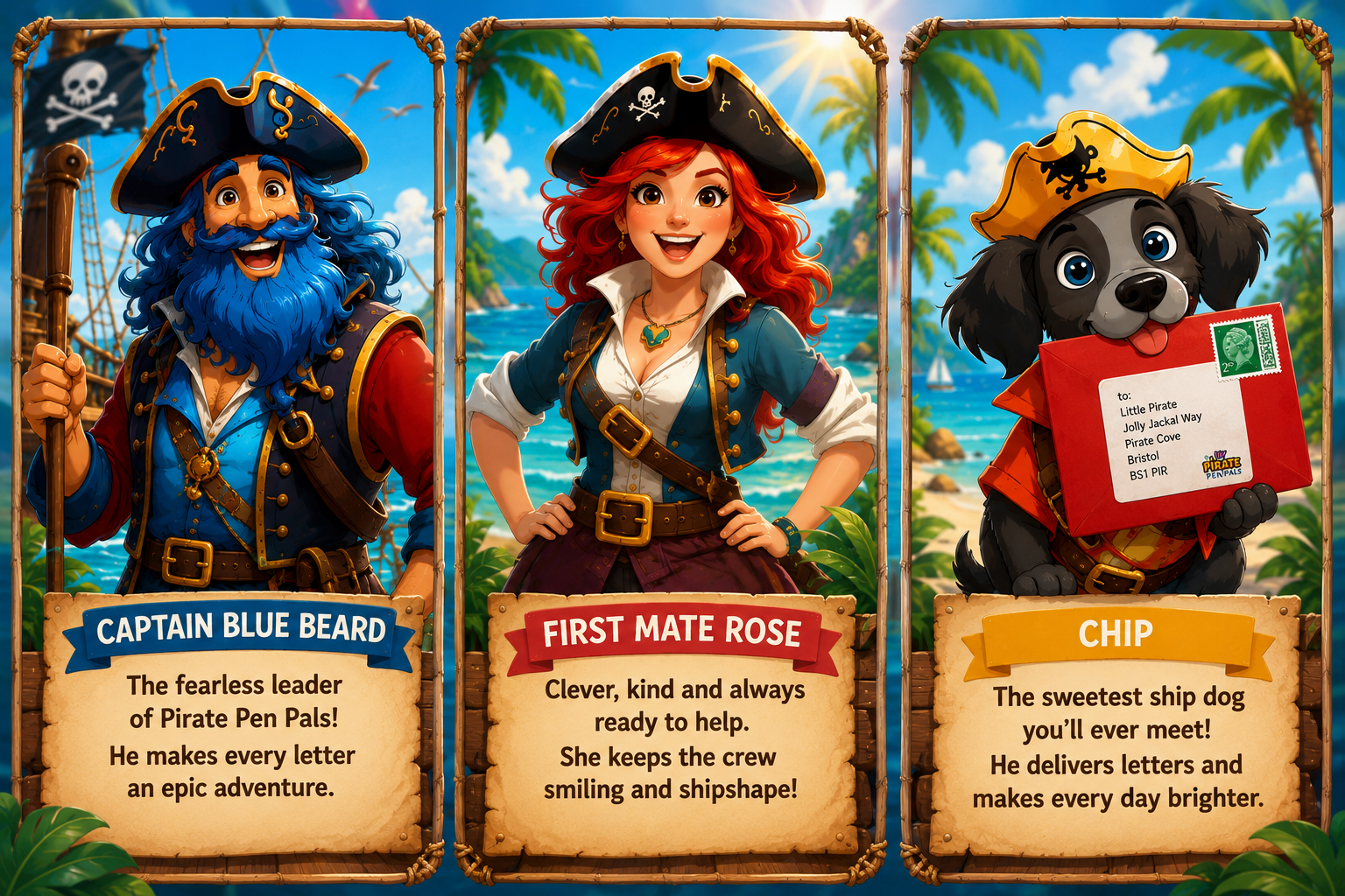 Captain Blue Beard, First Mate Rose and Chip the ship's dog
