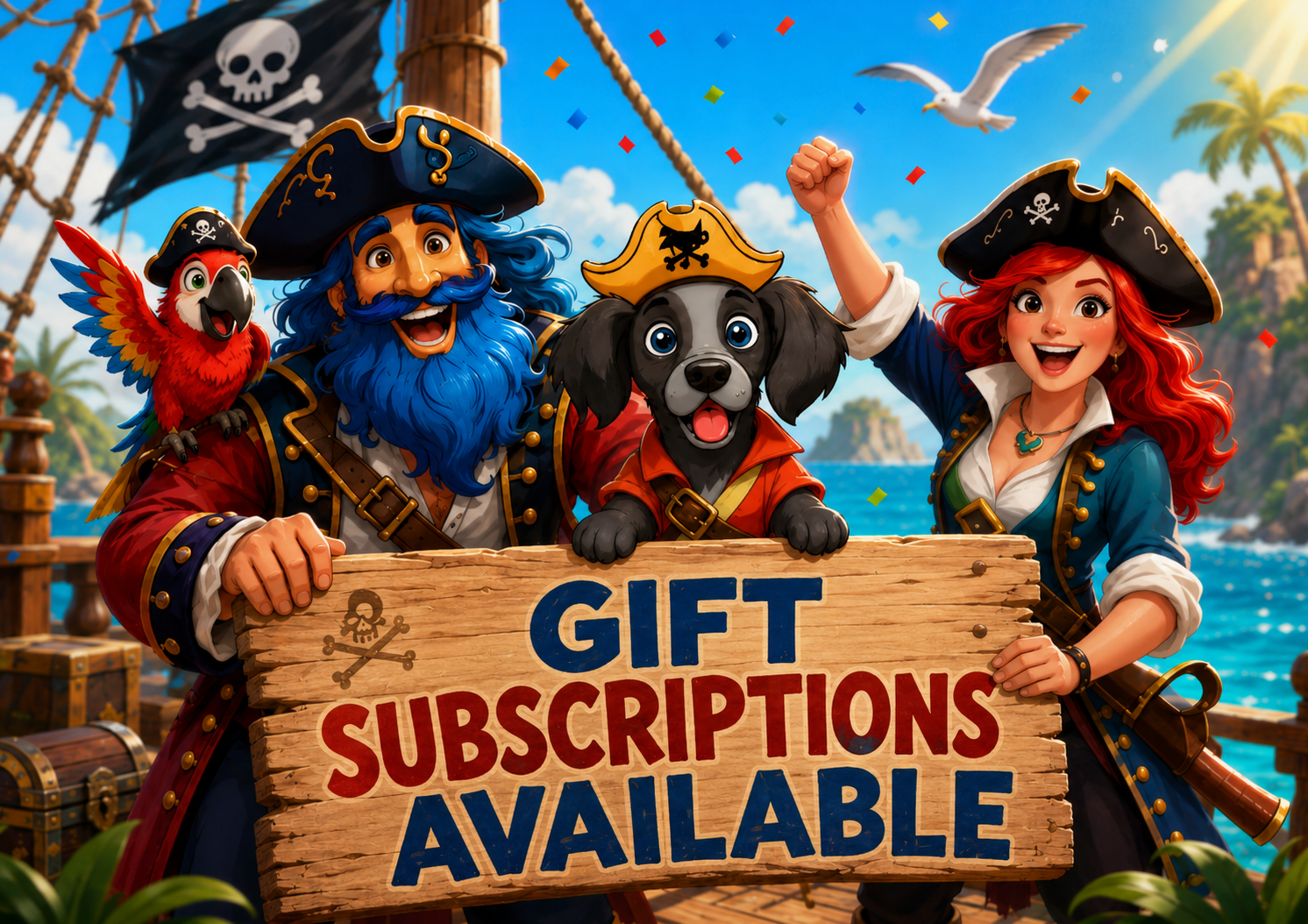 The pirate crew holding a sign reading Gift Subscriptions Available