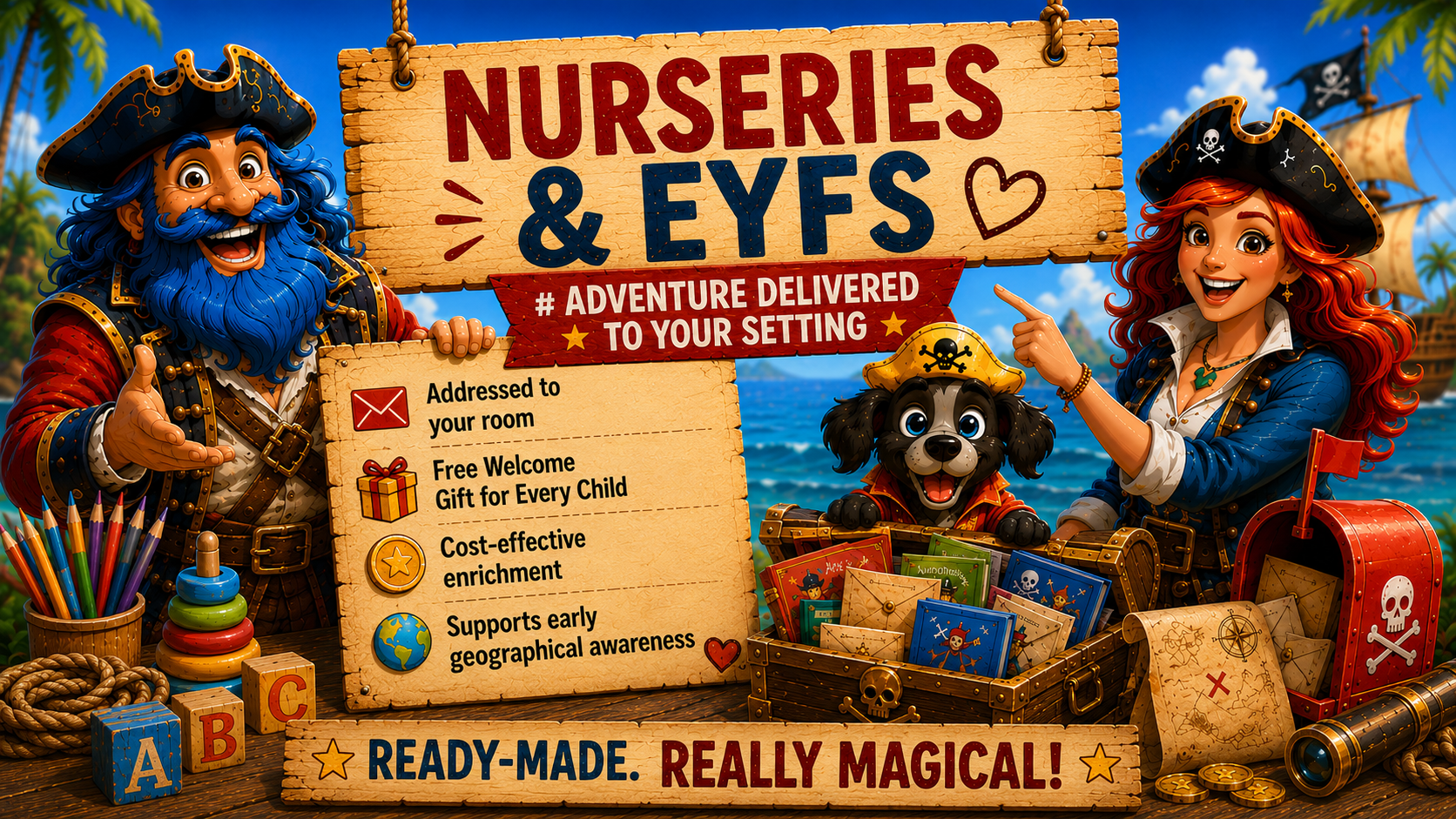 Captain Blue Beard, First Mate Rose and Chip with a Nurseries & EYFS sign: adventure delivered to your setting