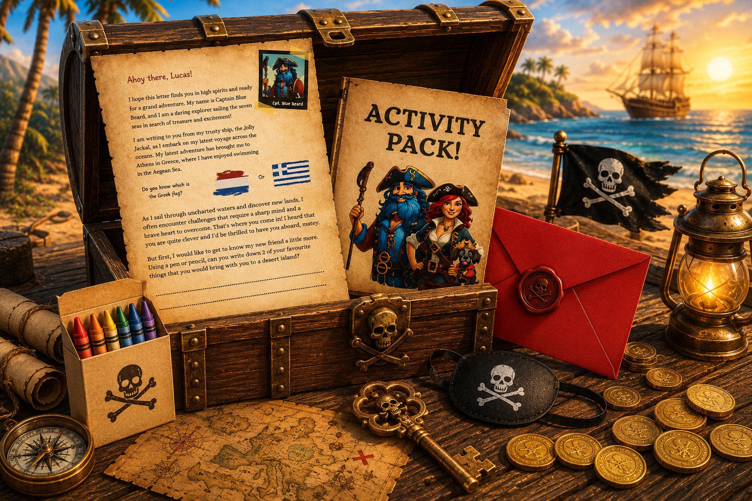 An opened pirate treasure chest overflowing with letters, maps and activity sheets